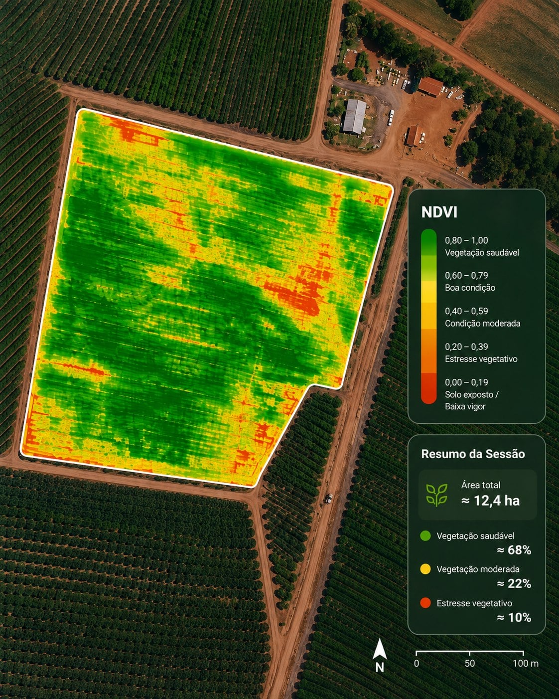 Mapa NDVI de uma área agrícola com variações de vigor da vegetação