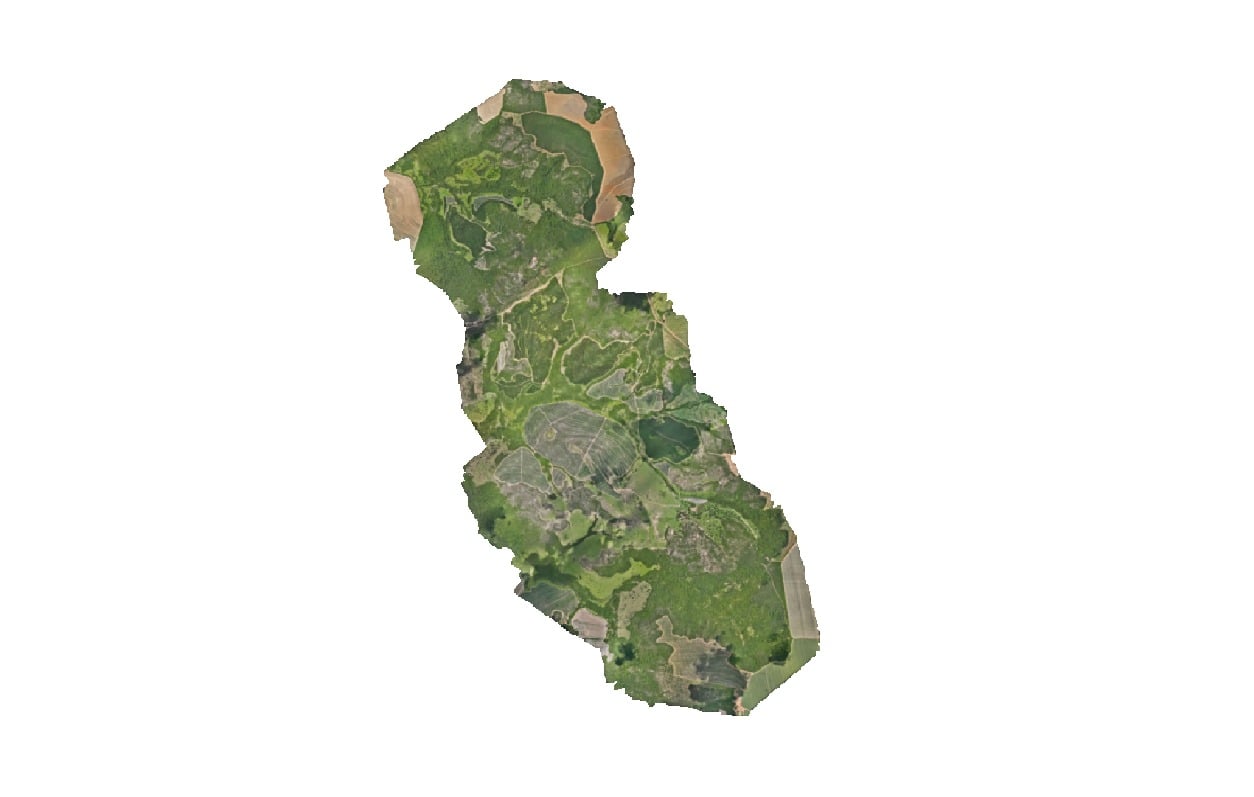 Ortomosaico de uma propriedade rural alongada com diferentes coberturas do solo